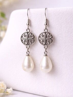 Filigree Heart Pearl Earrings | Vintage Silver Dangle | Romantic Elegant